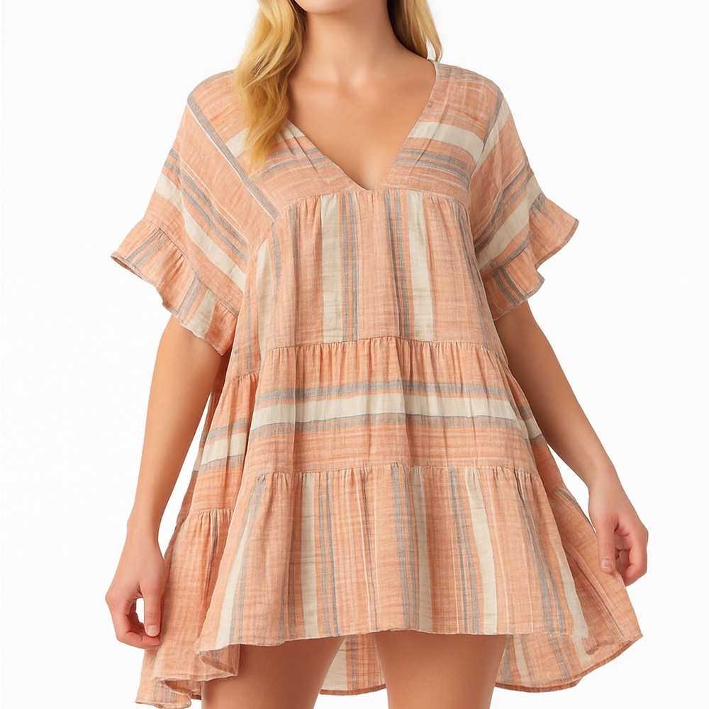 NWT Lulus DUSTY ORANGE/DUSTY BLUE/WHITE linen‎ blend striped mini dress, XLarge